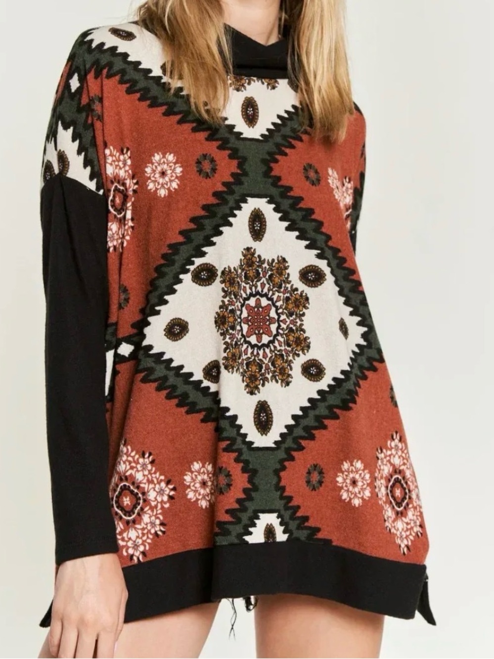 Rust and Black Graphic Knit Hooded Tunic Sweatshirt